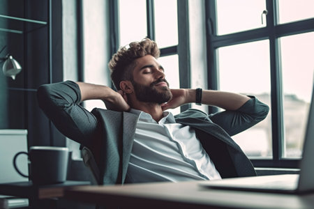 A mature man relaxes at his desk after finishing some work. Ai generated.の素材