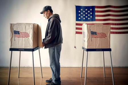 An American from a rural area casts his vote at a polling station. Ai generated.の素材