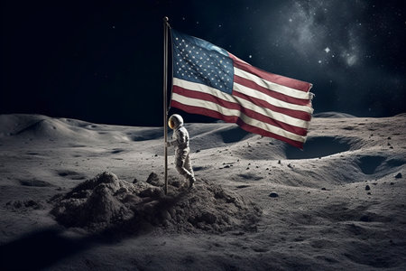 A large American flag flies pinned to the moon. Ai generated.の素材