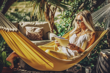 A woman spends her summer vacation reading in a hammock on her terrace. Ai generated.の素材
