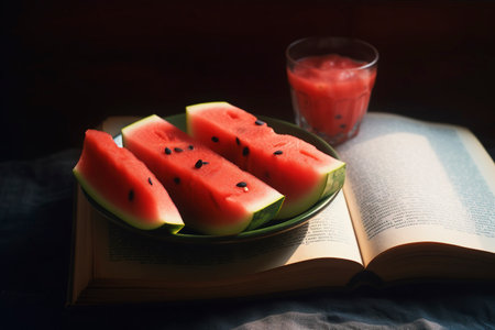 Delicious refreshing pieces of watermelon, in a bowl, in a moment of reading. Ai generated.の素材