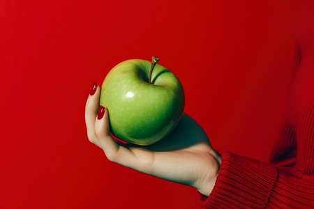 A woman's hand holds a green, healthy and nutritious apple. Ai generated.の素材