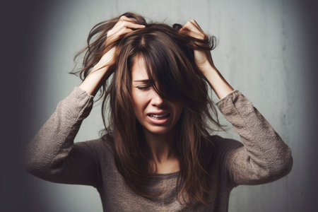A woman pulls her hair out of anxiety in the face of problems. Ai generated.の素材