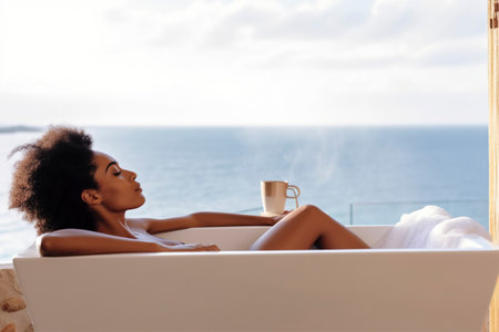 Black woman gazes out at the vast expanse of the sea from her luxurious bathtub. Ai generated.の素材