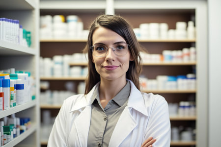 A female pharmacist poses serenely and formally in her pharmacy. Ai generated.の素材