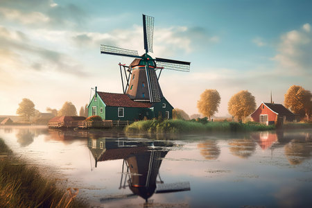 A timeless Dutch countryside scene with iconic windmills and serene green field. Ai generated.の素材