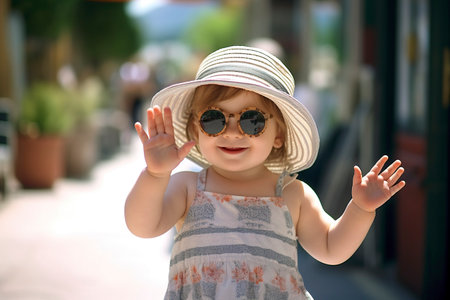 A tiny baby of joy spreads sunshine with a cheerful wave.. Ai generated.の素材
