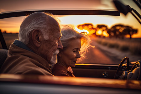 A retired couple drives a convertible car into the sunset on their vacation. Ai generated.の素材