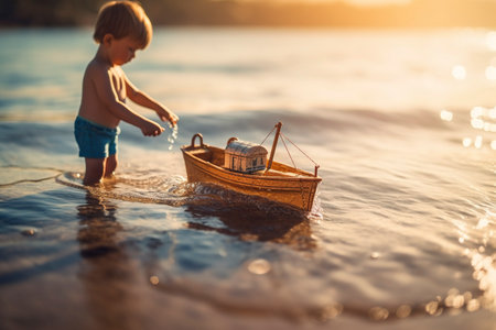 A young adventurer explores the vast ocean with their wooden sailboat on the beach. Ai generated.の素材