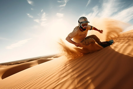 Adventurer and sportsman man slides on a dune with a surfboard. Ai generated.の素材