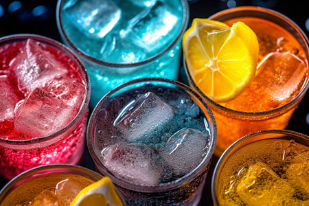 Fun and refreshing colorful drinks, on a black background. Ai generated.の素材