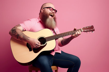 Singer-songwriter plays his guitar against pink background. Ai generated.の素材