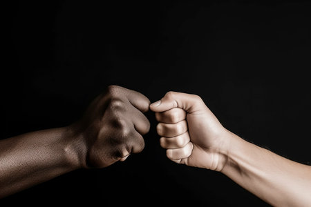 Two fists of white person and another black, come together concept of interracial. Ai generated.の素材