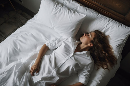 View from above the bed of a woman who cannot fall asleep. Ai generated.の素材