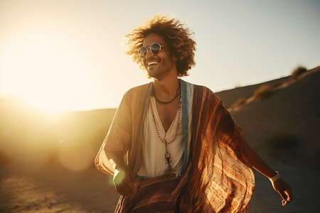 A young man with a mix of hippie and boho style walks smiling through the countryside. Ai generated.の素材