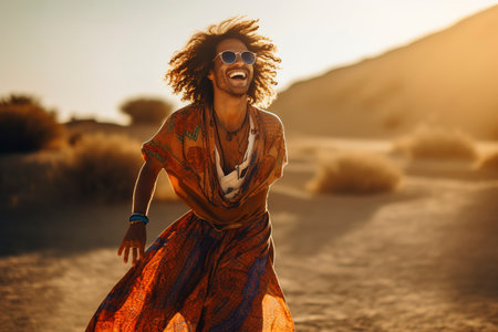 A young man with a mix of hippie and boho style walks smiling through the countryside. Ai generated.の素材