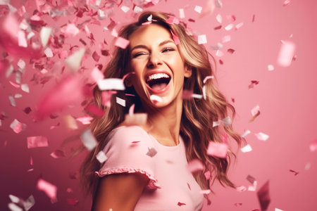 Young blonde model laughs out loud showered in pink confetti. Ai generated.の素材
