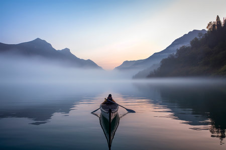 The morning mist cools the calm lake on which a lone canoe floats. Ai generated.の素材