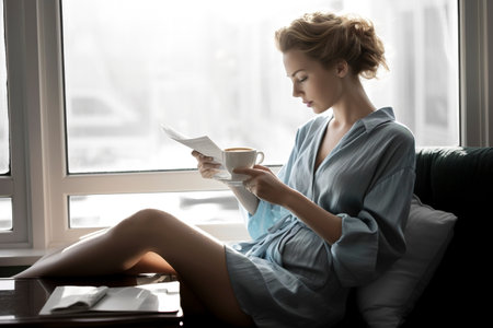 Nordic-looking woman has breakfast next to a window. Ai generated.の素材