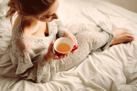 A cozy retreat in bed with a warm cup of tea, aiding her wellness and recovery. Ai generated.の素材