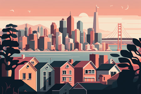 The city of in minimalistic flat design in pastel tones. Ai generated.の素材