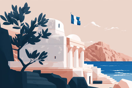 Tourist postcard of landscape topics, simple flat design in pastel tones. AI generated.の素材