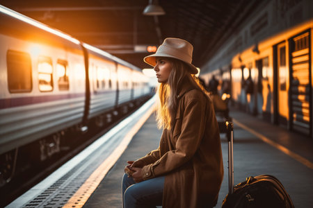 Eager with wanderlust, the young traveler eagerly awaits the locomotive's farewell. Ai generated.の素材
