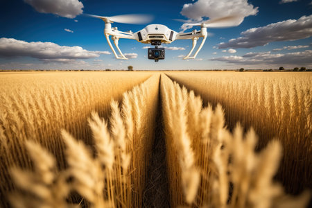 A drone flies over a crop, wide field, robotization of agriculture. Ai generated.の素材