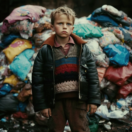 A 10-year-old Russian or Ukrainian boy lives among garbage in a dump, dirty and poor. Ai generated.の素材