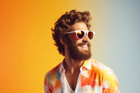A young man with a beard and a summer T-shirt smiles as he walks down the street after work. Ai generated.の素材