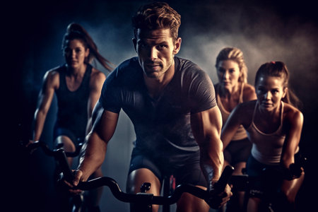 Group of futuristic sportsmen doing sports outdoors. Ai generated.の素材