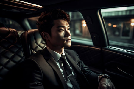 Successful young Chinese businessman travels by limousine. Ai generated.の素材