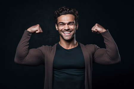 With a confident smile, the man flexes his impressive biceps, showcasing his strength and determination. Ai generated.の素材