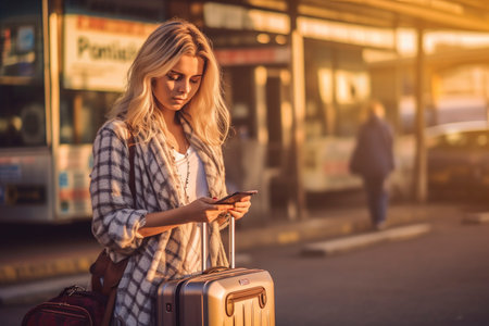 With suitcases in hand, the adventurous tourist woman steps into her dreamy vacation haven. Ai generated.の素材