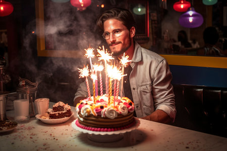 A man celebrates his own birthday in sad solitude. Ai generated.の素材