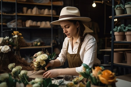 An enterprising young woman works in her flower shop. Ai generated.の素材