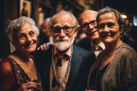 A group of content and joyful retirees come together to celebrate life and their shared experiences, enjoying a relaxed evening. Ai generated.の素材