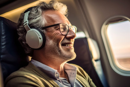 Mature man smiles listening with headphones to his favorite song. Ai generated.の素材