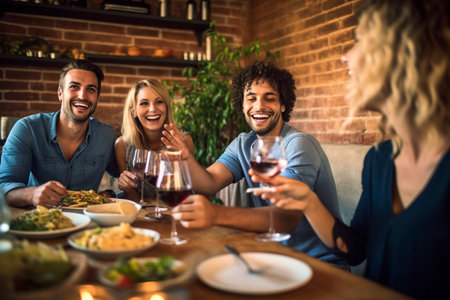 Meeting of friends, a friendly and fun dinner in a restaurant. Ai generated.の素材