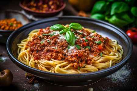 delicious plate of spaghetti with tomato sauce and beef. Ai generated.の素材