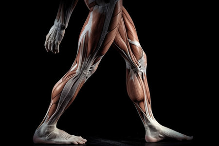 Illustration of the male muscles of the legs, back, black background. Ai generated.の素材