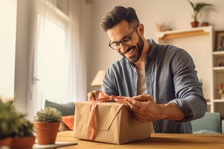 Man opens a package. Ai generated.の素材