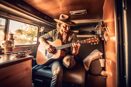 Young digital nomad plays the guitar inside his caravan. Ai generated.の素材