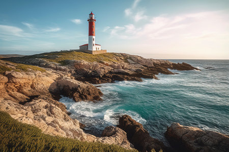 Rugged cliffs of Menorca, Spain, exquisite lighthouses stand sentinel, illuminating the coastal poetry. Ai generated.の素材