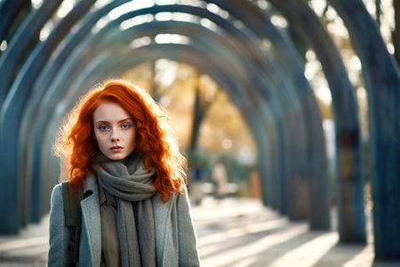 Young red-haired woman takes a relaxing walk at sunset. Ai generated.の素材