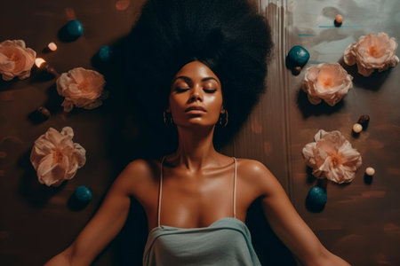 Woman meditates, resting on her back lying between relaxing objects, view from above. Ai generated.の素材