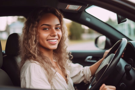 Young woman driving relaxed while having a chat. Ai generated.の素材