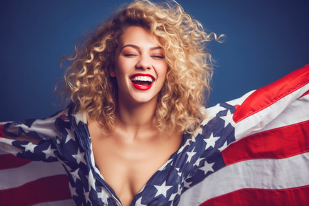 African American woman poses proudly with the American flag. Ai generated.の素材