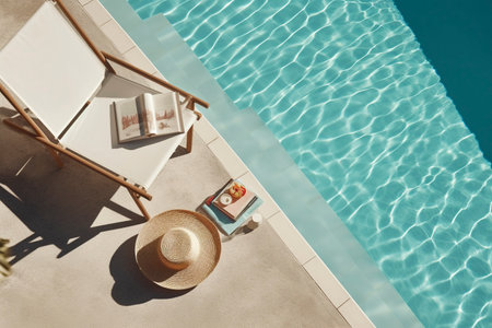 A hat rests next to a pool, summer vacation background. Ai generated.の素材