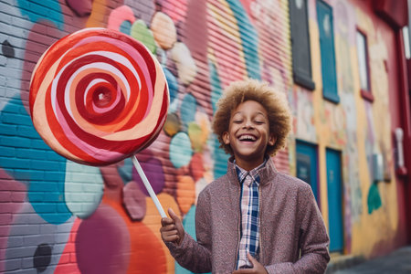 A jovial child is holding an extra large lollipop, a metaphor for hyperglycemia. Ai generated.の素材
